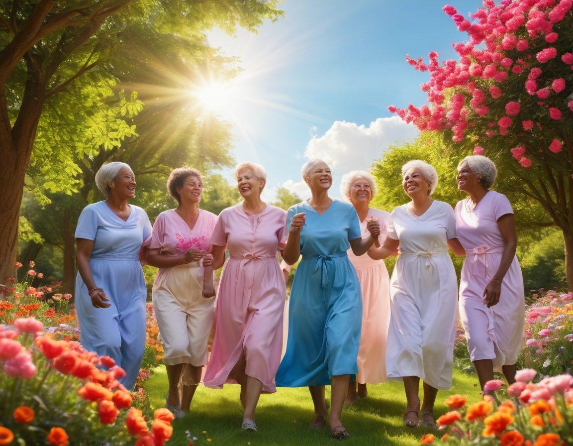 A serene, hopeful scene depicting a diverse group of cancer survivors celebrating life, surrounded by vibrant flowers and sunlight. Include elements symbolizing strength, such as a phoenix rising, intertwined with ribbons of different cancer awareness colors. Capture joyful expressions and a sense of community in a lush, green park setting. The background should showcase a bright blue sky with a few fluffy clouds. super-realistic. vibrant colors. inspirational.