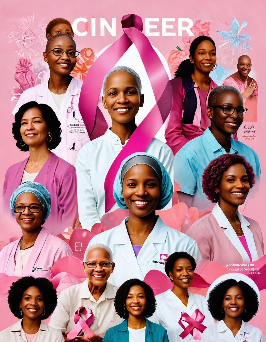 A collage of diverse individuals sharing their cancer survival stories, surrounded by symbols of hope like pink ribbons, supportive hands, and innovative medical technology. Incorporate warm colors to evoke emotions of resilience and strength, against a backdrop of a serene landscape symbolizing growth and renewal. Highlight elements of community and support through interconnected hearts and uplifting words. super-realistic. vibrant colors. soft focus.