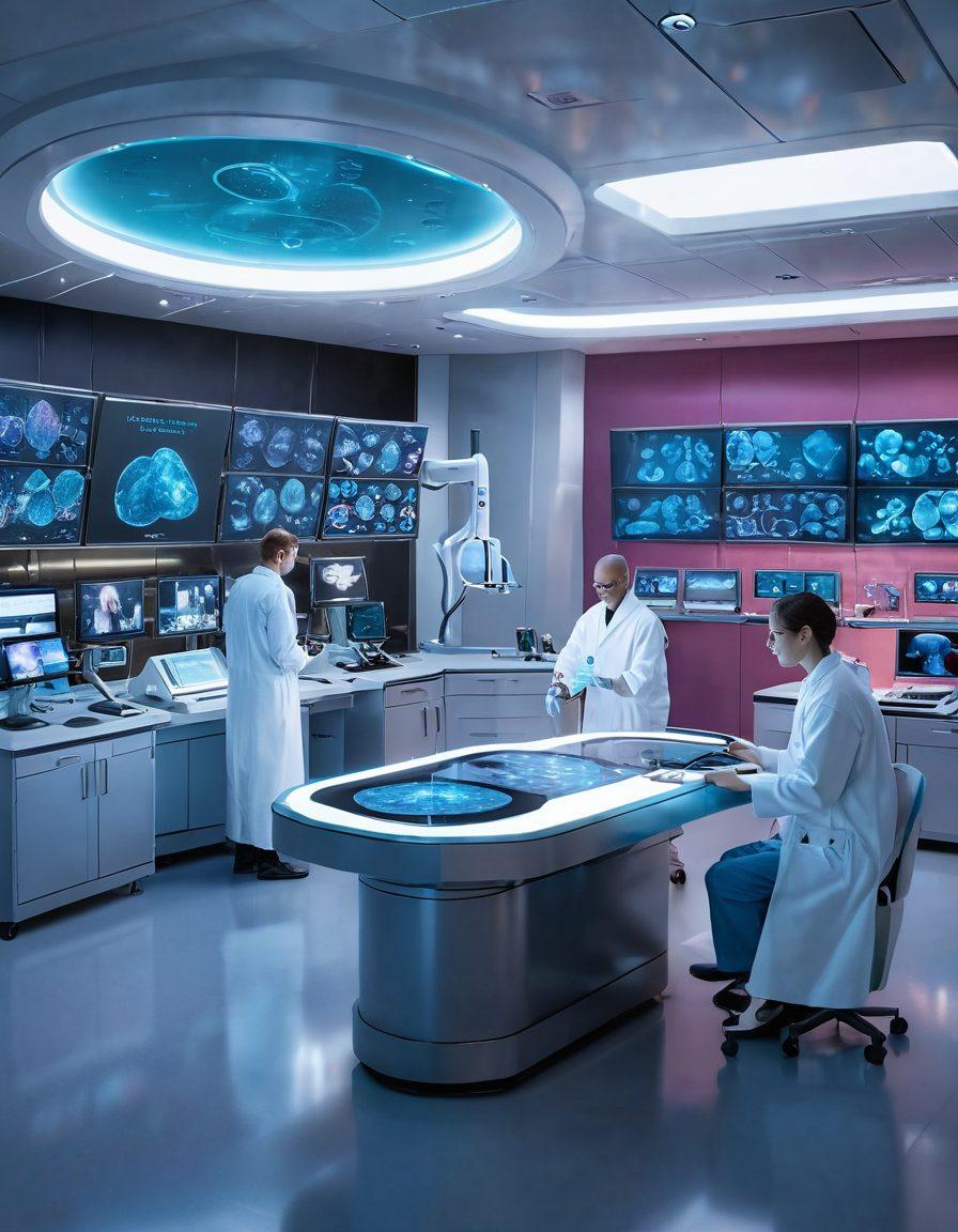 A futuristic oncology lab with diverse researchers collaborating passionately, showcasing advanced technology like robotic surgery tools and holographic diagnostics. Surrounding them, vibrant graphics of cancer cells and treatment options, symbolizing hope and innovation in cancer care. Bright, hopeful lighting conveys a sense of progress and healing. super-realistic. vibrant colors. 3D.